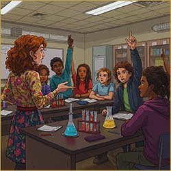 Comic style image showing an atom.